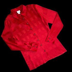 Red Silky Textured Long Sleeve Button Shirt